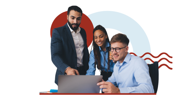 Loan officer showing two people a computer screen and walking them through the home loan process