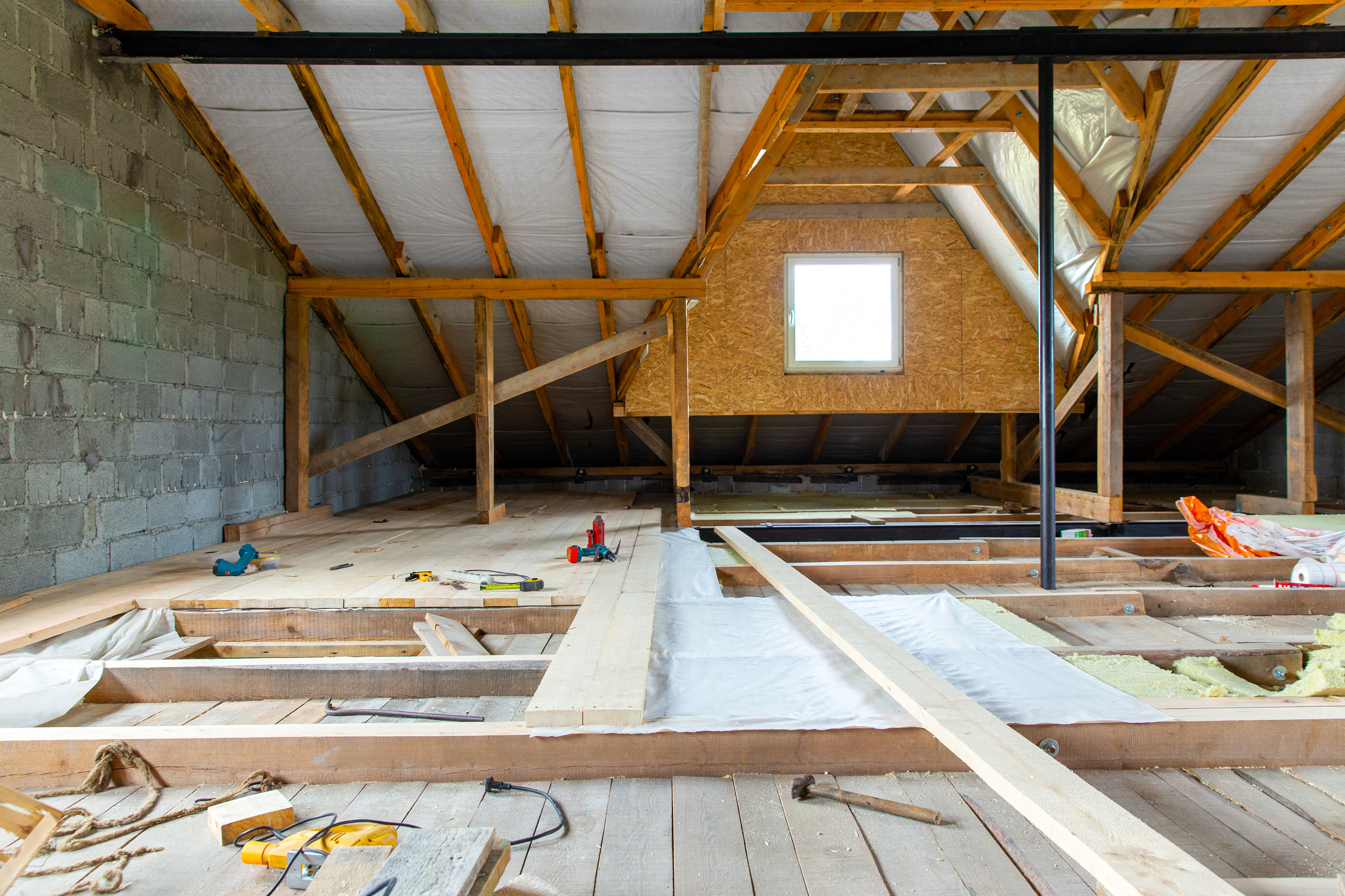 A home attic being renovated, funded by a HELOC.