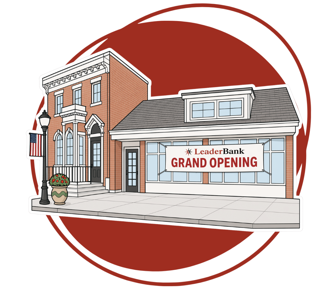 An illustration of Leader Bank's branch in Falmouth, MA featuring a grand opening banner.
